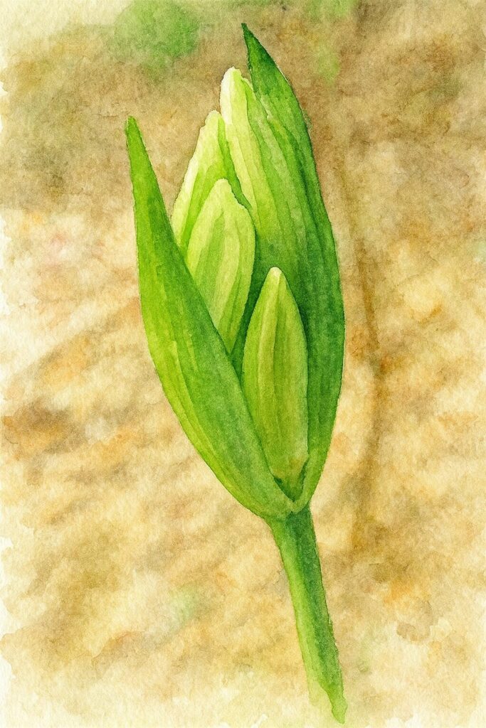 ヒガンバナのつぼみをクローズアップで描いた水彩画風イラスト