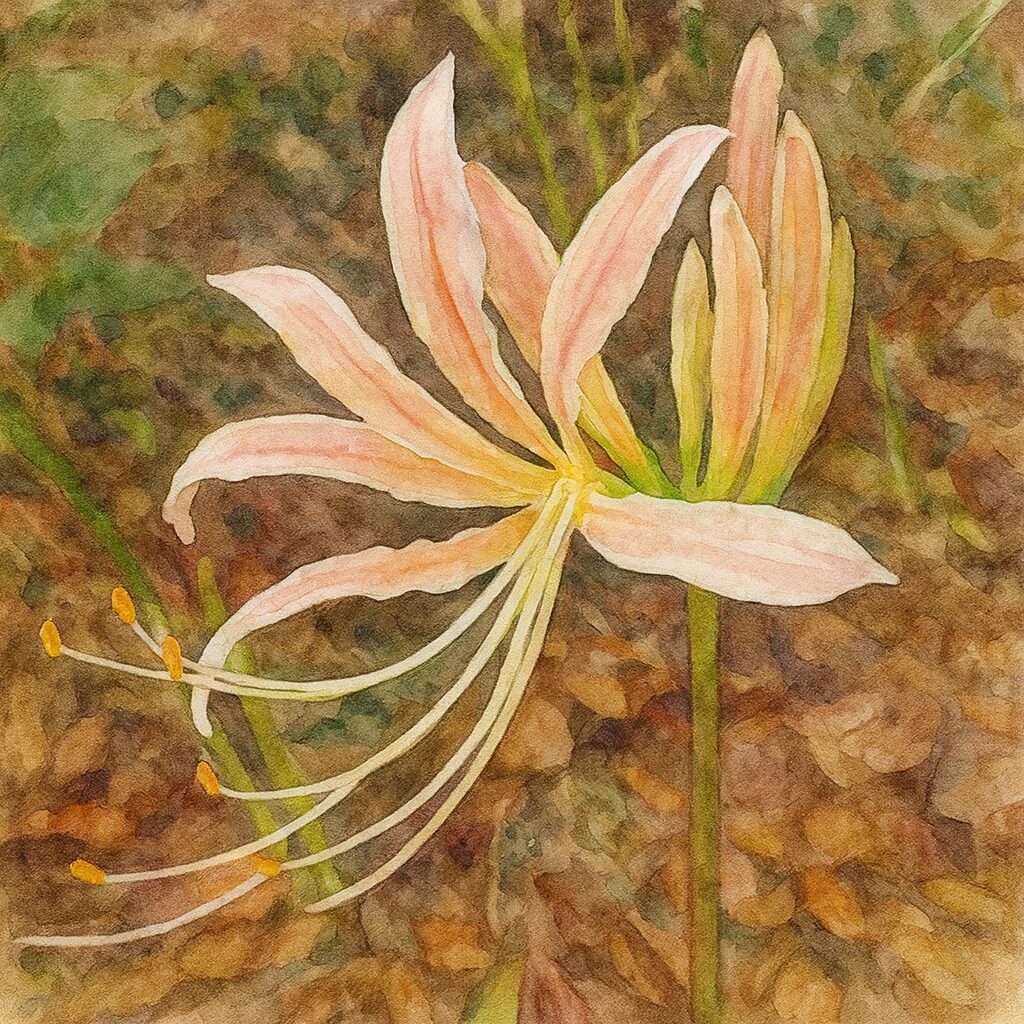 薄桃色のヒガンバナを柔らかい筆致で描いた水彩画風イラスト