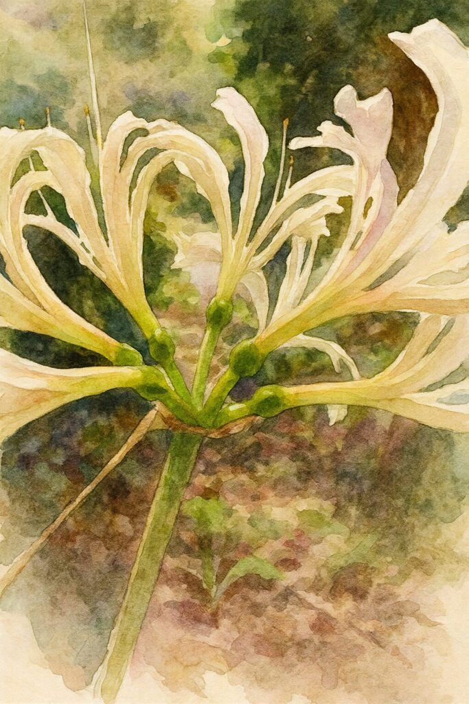 白いヒガンバナを横から近距離で描いた水彩画風イラスト