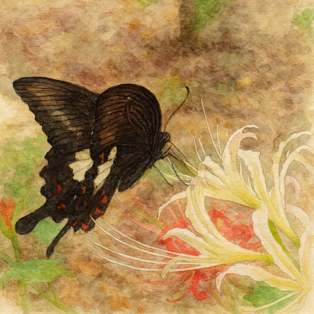 白いヒガンバナに黒いアゲハ蝶がとまる場面を描いた水彩画風イラスト