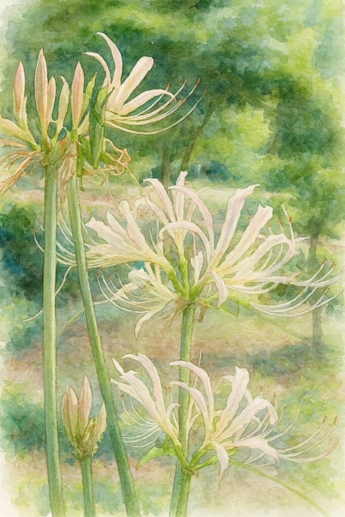 白いヒガンバナとカマキリを柔らかなタッチで描いた水彩画風イラスト