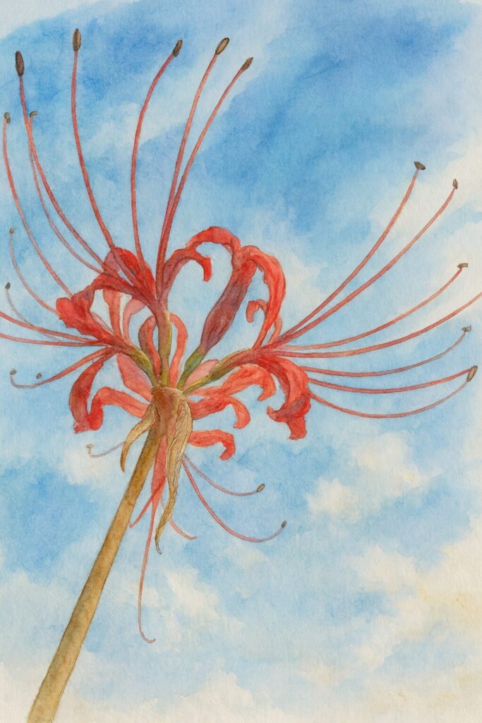 青空を背景に赤いヒガンバナを下から見上げて描いた水彩画風イラスト