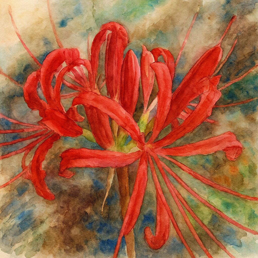 赤いヒガンバナをクローズアップで描いた水彩画風イラスト