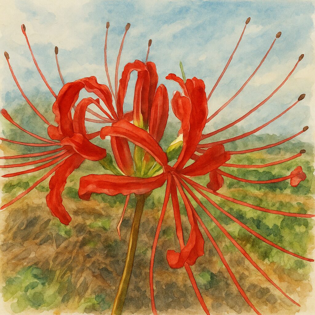 赤いヒガンバナを細部まで描いた水彩画風イラスト