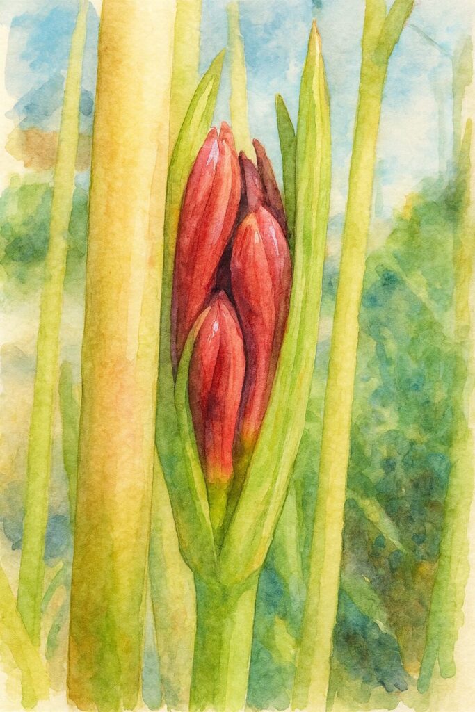 ヒガンバナの赤いつぼみを水彩画風に描いたイラスト（細長い茎の中に伸びる姿を強調）