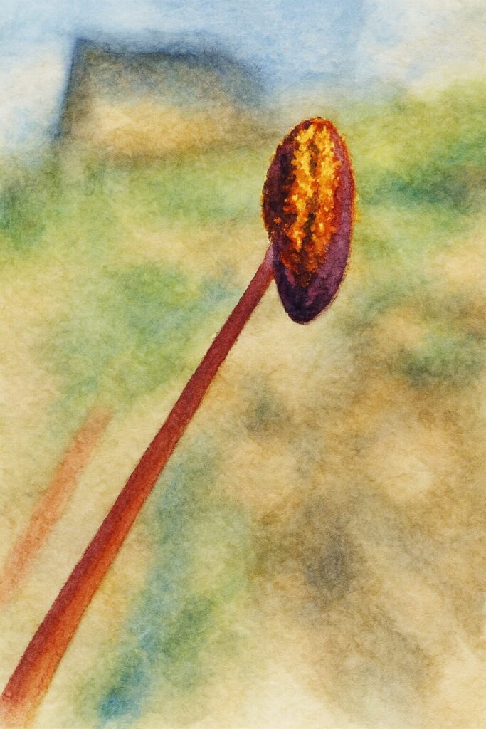 ヒガンバナの雄しべ先端を水彩画風に描いたイラスト（黄色い花粉の質感を強調したクローズアップ構図）