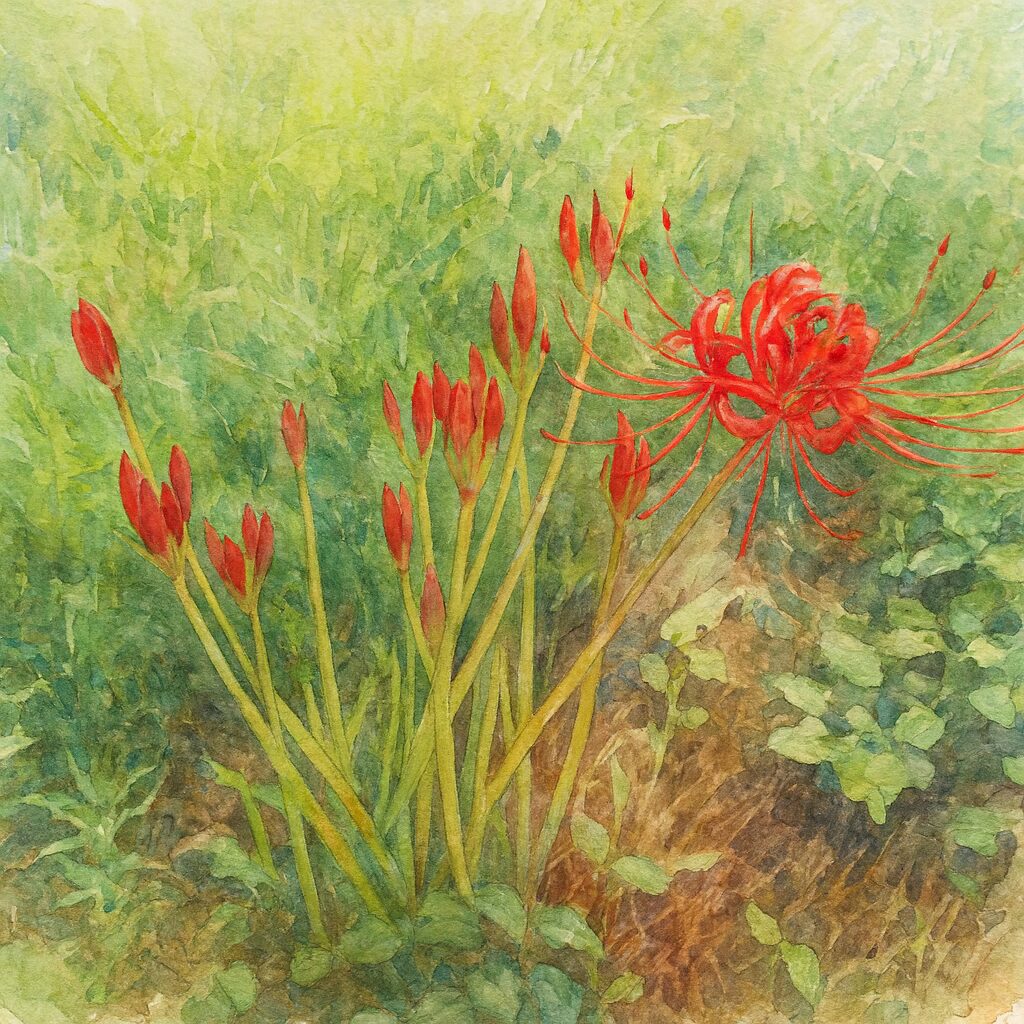 ヒガンバナの群生を水彩画風に描いたイラスト（草地の緑と赤い花の対比が美しい構図）