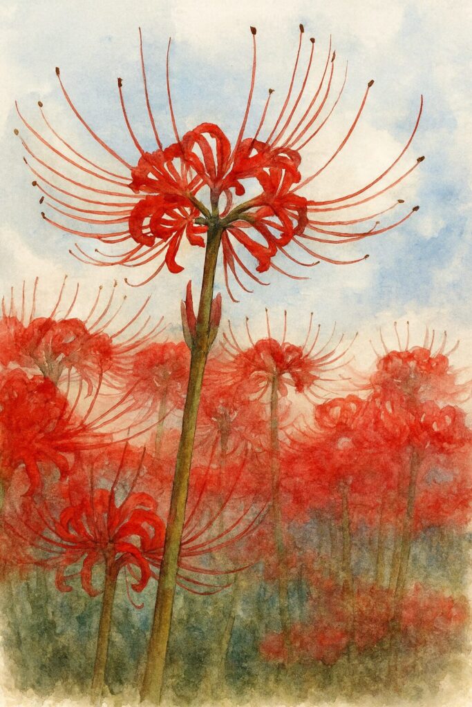 ヒガンバナを見上げ構図で描いた水彩画風イラスト（群生と空とのコントラストが美しい一輪の赤い花）