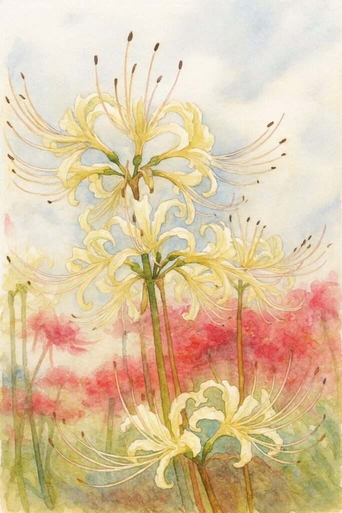 ヒガンバナの白花を見上げ構図で描いた水彩画風イラスト（柔らかな空色と赤い群生を背景に白花の曲線美を表現）