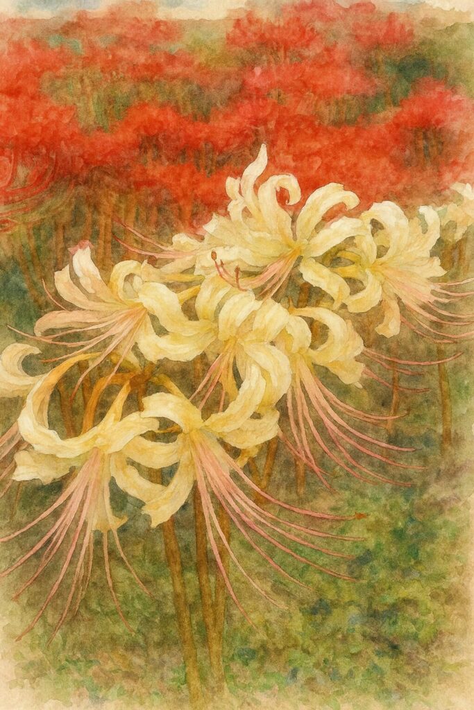 白花と赤花のヒガンバナ群生を水彩画風に描いたイラスト（柔らかな筆致で白花の透明感と赤花の奥行きを表現）