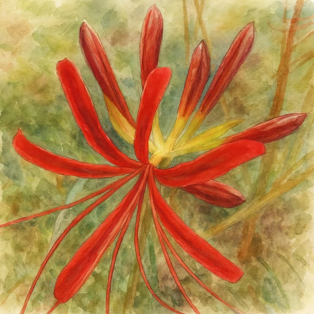 ヒガンバナの赤い花を水彩画風に描いたイラスト（放射状の花弁と柔らかな背景を淡彩で表現）