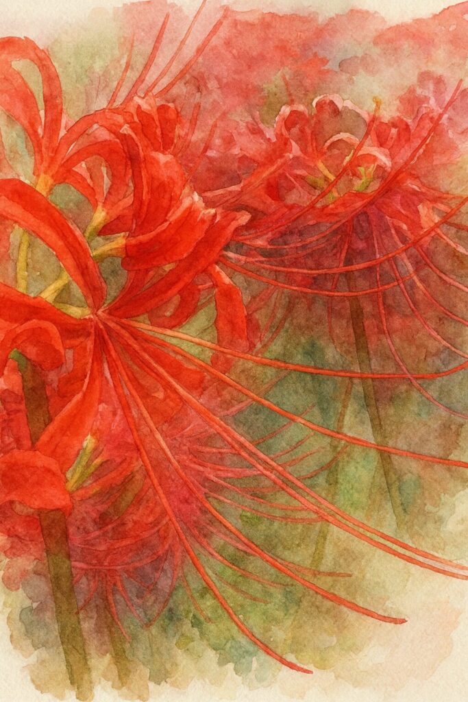 ヒガンバナの群生を水彩画風に描いたイラスト（赤い花弁の重なりと柔らかな背景のぼかしを表現）