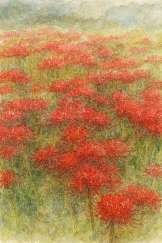 ヒガンバナの群生を水彩画風に描いたイラスト（赤い花の絨毯のような広がりを柔らかな筆致で表現）