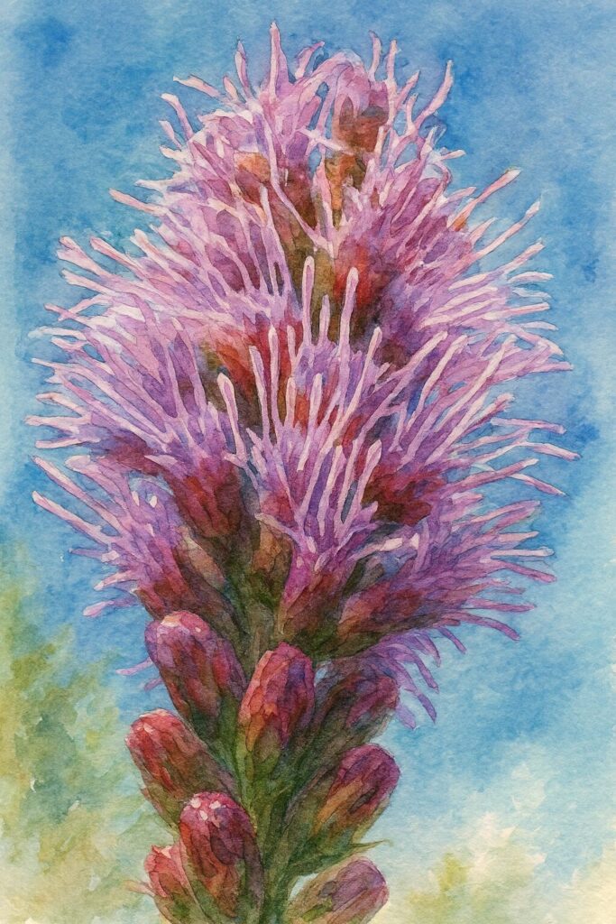 青空を背景にしたリアトリス（ブレイジングスター）の紫色の花穂を水彩画風に描いたイラスト。細い花弁が重なり合う質感と柔らかな筆致が強調された植物アート