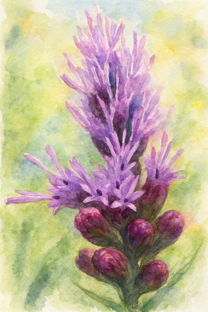 リアトリス（ブレイジングスター）の紫色の花をアップで描いた水彩画風イラスト。柔らかな色彩と筆致で花弁の質感と立体感を表現した植物アート