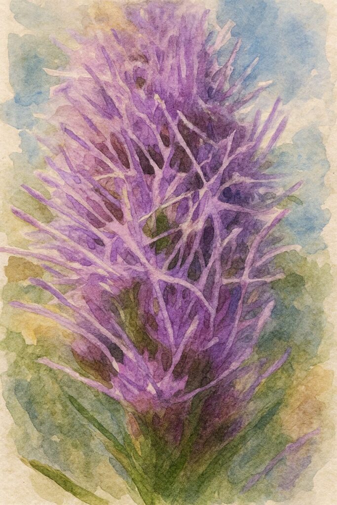 リアトリス（ブレイジングスター）の細い紫色の花弁が密集する様子を大胆な接写で表現した水彩画風イラスト。柔らかな筆致と色のにじみで立体感と動きを描いた植物アート
