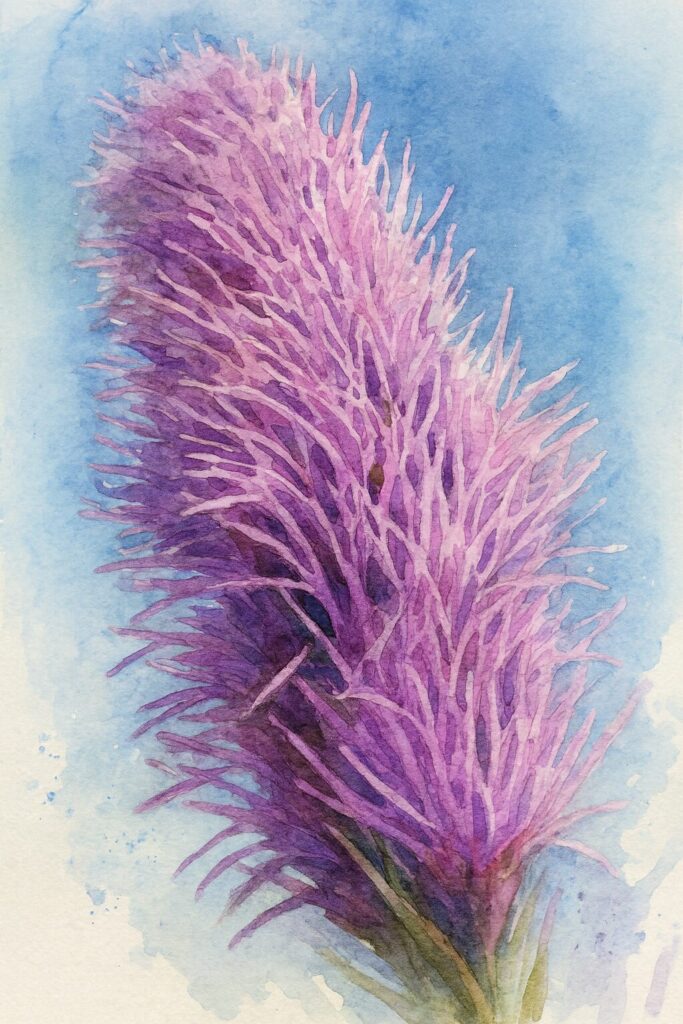 リアトリス（ブレイジングスター）の紫色の花穂を下から見上げる視点で描いた水彩画風イラスト。細い花弁の密集した質感を柔らかな筆致と淡い色彩で表現した植物アート