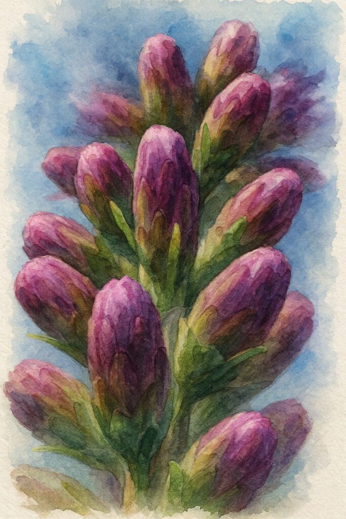 リアトリス（ブレイジングスター）の紫色のつぼみが連続して並ぶ姿をアップで描いた水彩画風イラスト。つぼみの質感と陰影を柔らかい色彩と筆致で表現した植物アート