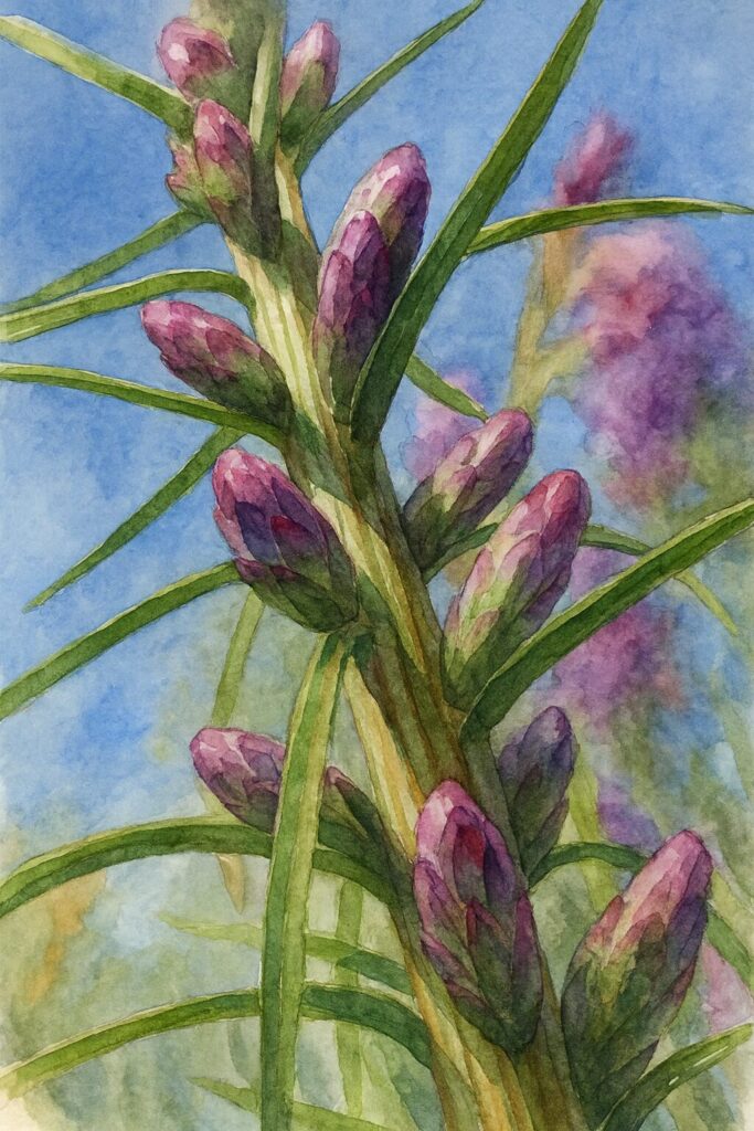 リアトリス（ブレイジングスター）のつぼみが並ぶ茎を下から見上げる視点で描いた水彩画風イラスト。柔らかな水彩表現で葉の動きとつぼみの陰影を繊細に描いた植物アート
