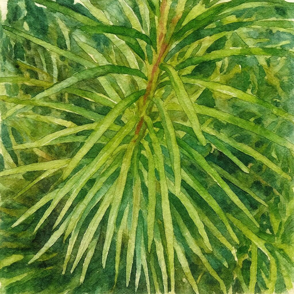 リアトリス（ブレイジングスター）の細長い緑葉を放射状に描いた水彩画風イラスト。柔らかな色のにじみと陰影で葉の重なりと質感を表現した植物アート