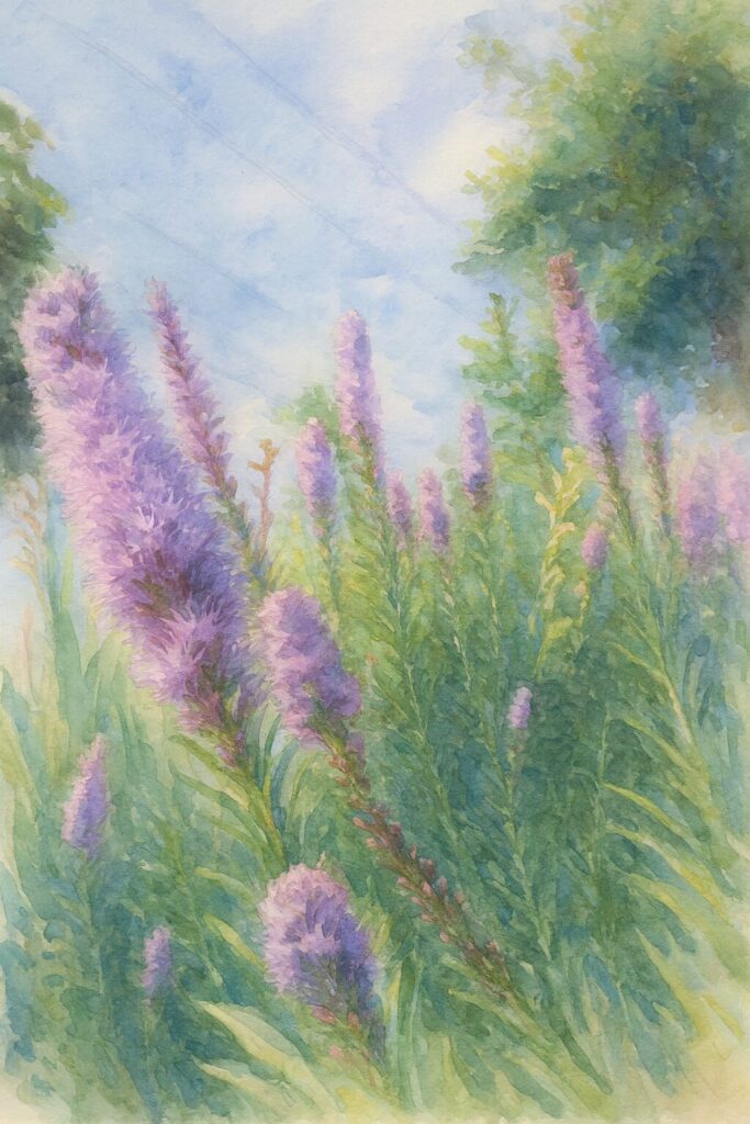 群生するリアトリス（ブレイジングスター）の紫色の花穂を青空の背景とともに柔らかな筆致で描いた水彩画風イラスト。淡い色の重なりで奥行きと光の広がりを表現した植物アート