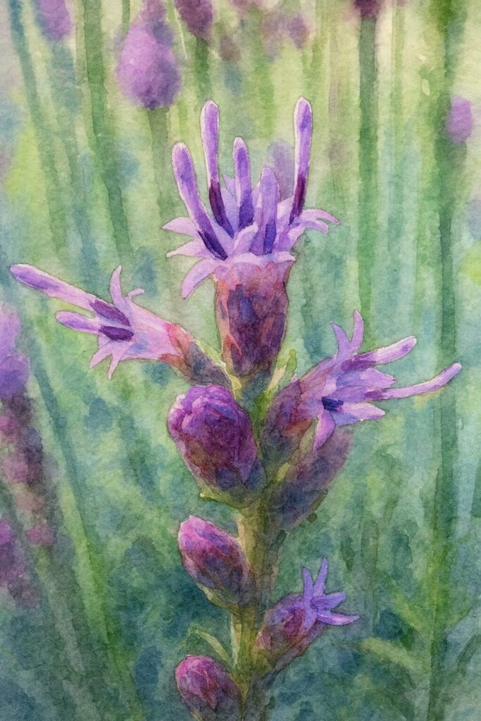 リアトリス（ブレイジングスター）の紫色の小花が咲き始める姿を柔らかな筆致で描いた水彩画風イラスト。背景の緑をにじませ、前景の花の繊細な形を引き立てた植物アート