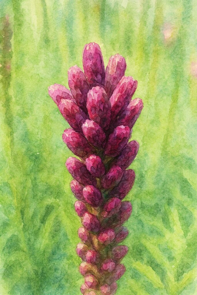 リアトリス（ブレイジングスター）の紫色のつぼみが密集する花穂を柔らかな水彩タッチで描いたイラスト。背景を淡くにじませ、前景のつぼみのボリューム感と色彩を際立たせた植物アート
