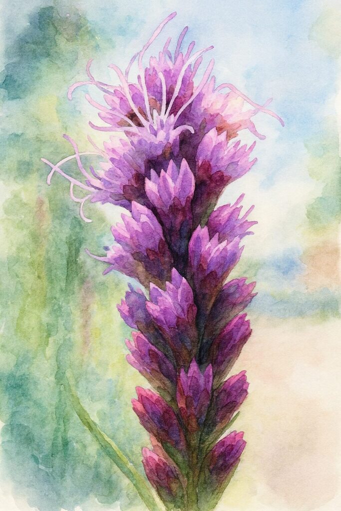 リアトリス（ブレイジングスター）の咲き進む花穂を柔らかい水彩タッチで描いたイラスト。開いた花弁と雄しべの動きを繊細な色のにじみで表現し、背景を淡くぼかして花を際立たせた植物アート