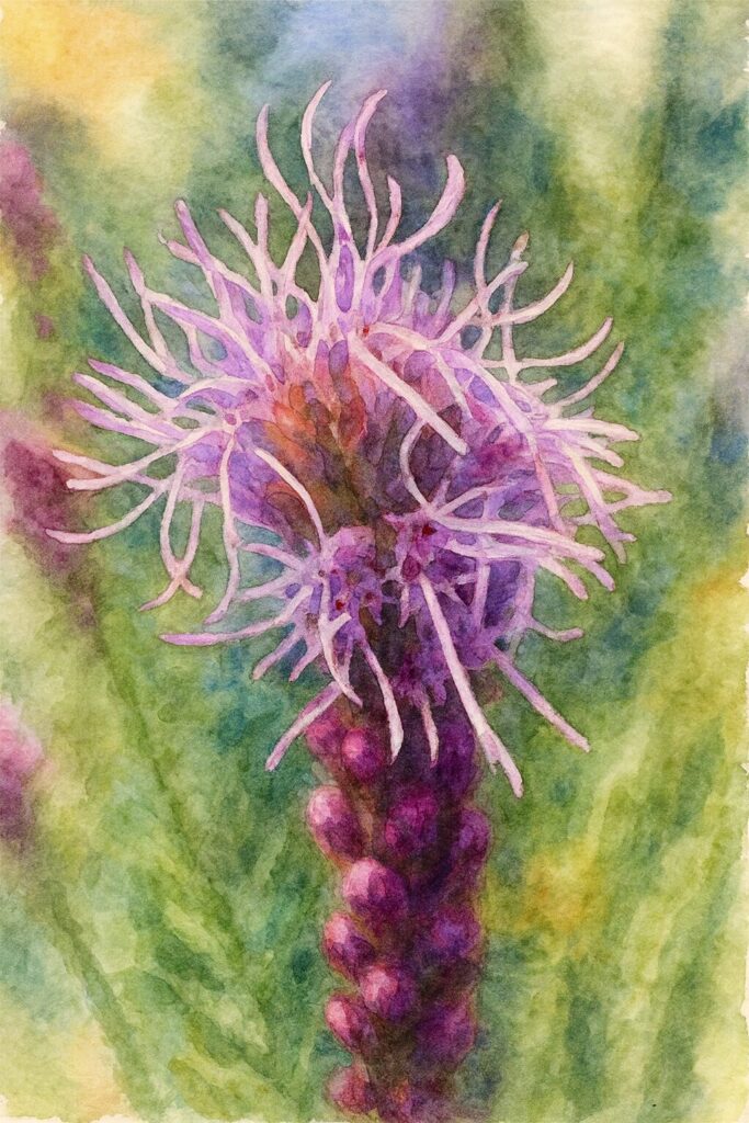リアトリス（ブレイジングスター）の紫色の花が放射状に伸びる姿を柔らかな水彩タッチで描いたイラスト。にじみのある背景で花の繊細な形状を際立たせた植物アート