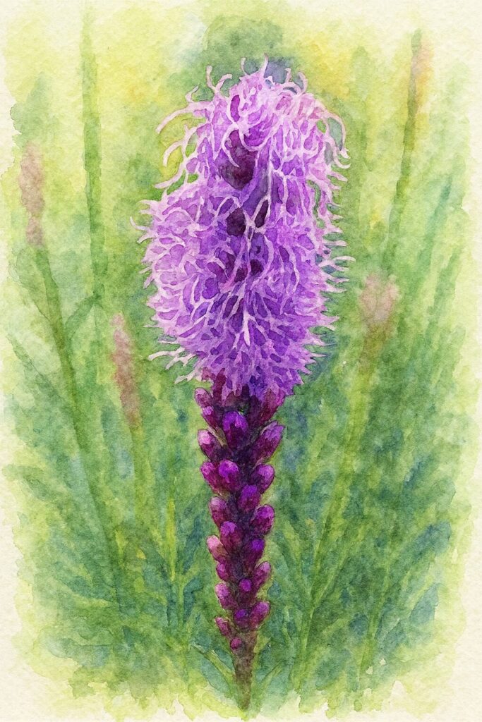 リアトリス（ブレイジングスター）の紫色の花穂を柔らかな水彩タッチで描いたイラスト。花弁の繊細な動きをにじみ表現で捉え、背景を淡くぼかして奥行きを感じさせる植物アート