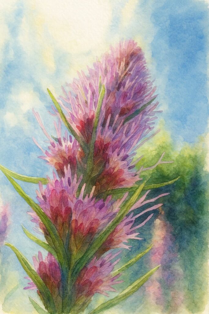下から見上げたリアトリス（ブレイジングスター）の紫色の花穂を柔らかな水彩タッチで描いたイラスト。逆光で透ける花弁の色彩をにじみで表現し、青空とのコントラストが映える植物アート