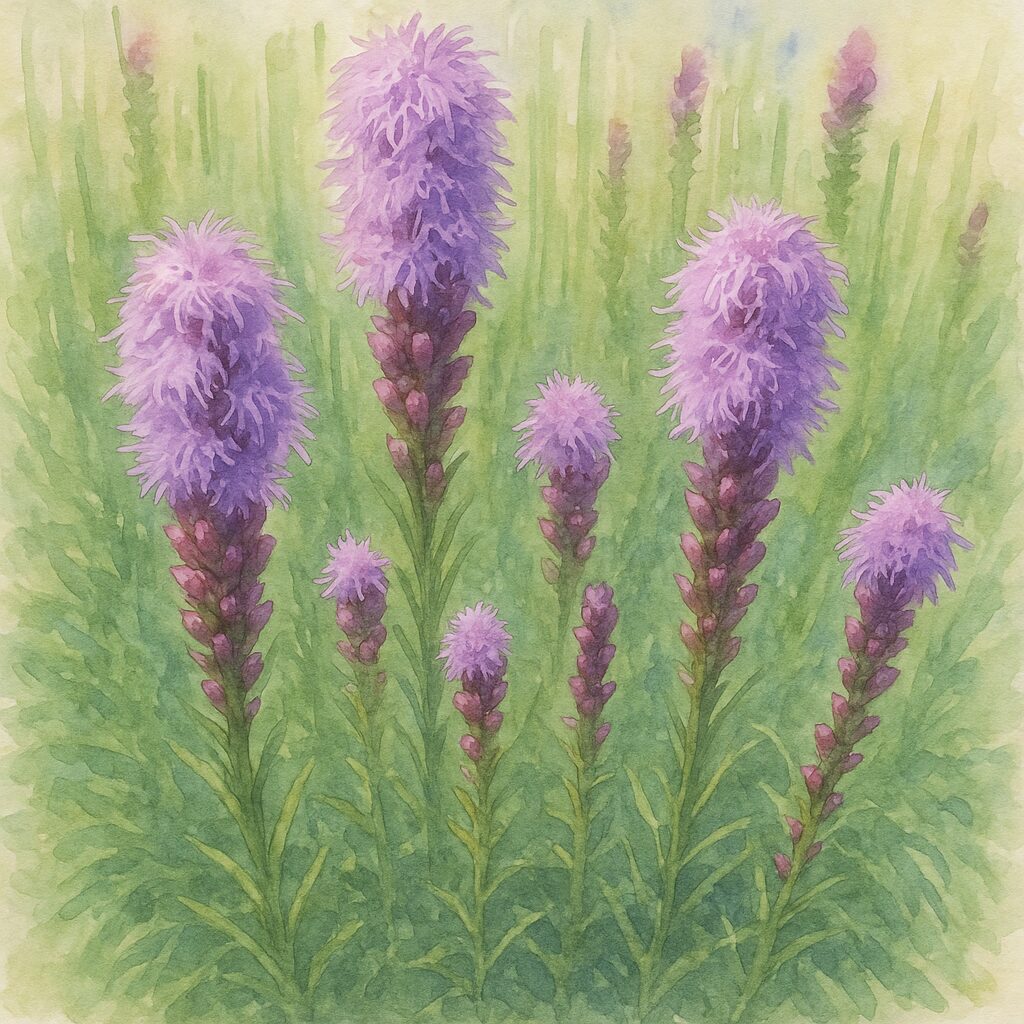群生するリアトリス（ブレイジングスター）の紫色の花穂を柔らかな水彩タッチで描いたイラスト。直立する花穂のリズム感と背景の緑を淡いにじみで表現した植物アート