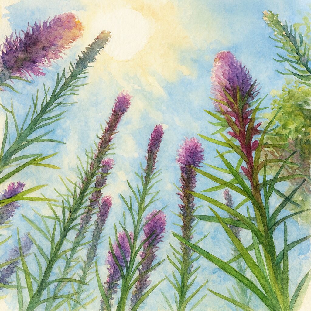 青空と強い日差しを背景に、下から見上げる構図で描いたリアトリス（ブレイジングスター）の群生を水彩画風で表現したイラスト。逆光に透ける細長い葉と紫色の花穂を、やわらかなにじみと透明感のあるタッチで描いた植物アート