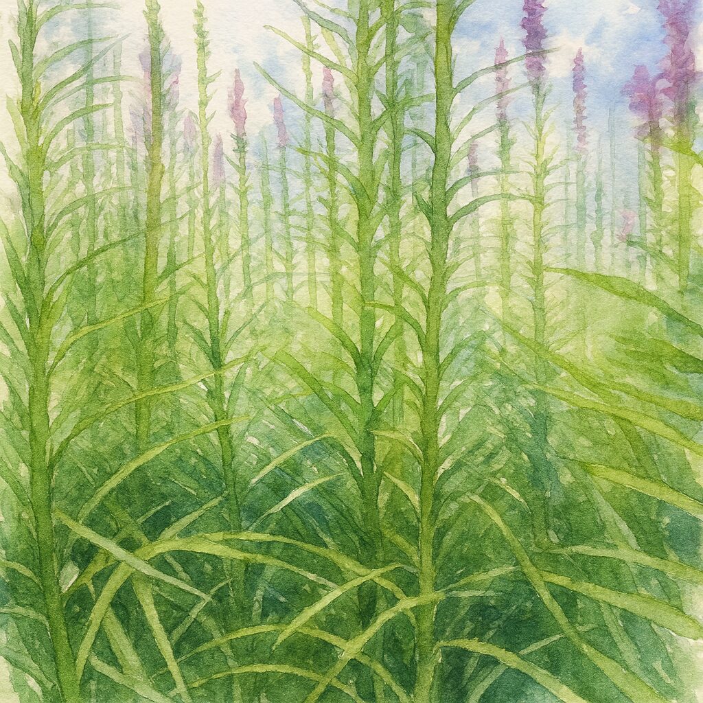 青空を背景に群生するリアトリスの直立した茎と細い葉、奥に紫の花穂が点在する様子を柔らかな筆致で描いた水彩画風イラスト