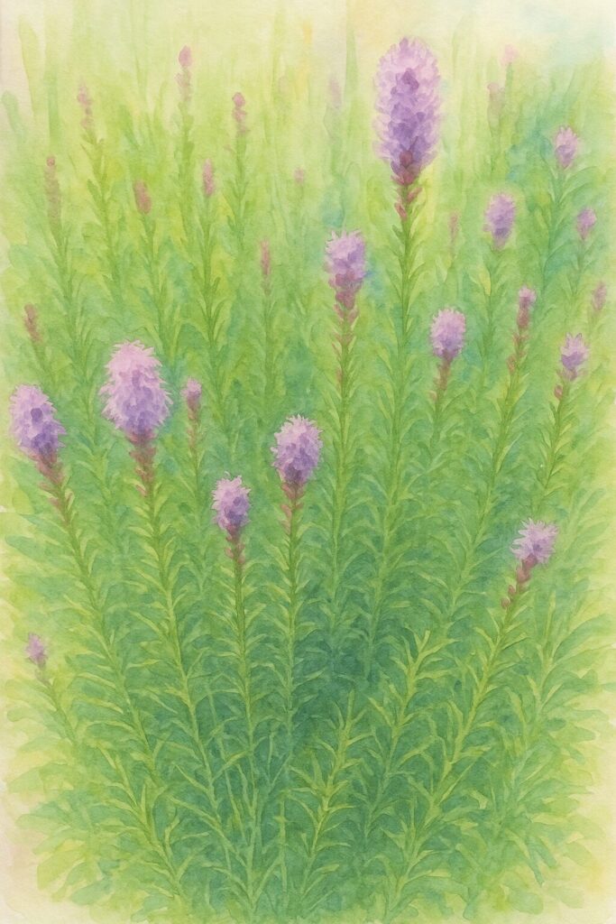 群生するリアトリスの直立した茎と細い葉、点在する紫の花穂を柔らかな色彩とにじみで表現した水彩画風イラスト