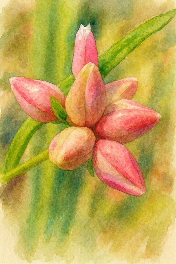 ミゾソバのつぼみを描いた水彩画風イラスト。白と淡紅色の花芽が中心から放射状に配置され、柔らかな筆致とにじみ表現で秋の野草の可憐さを表現している。