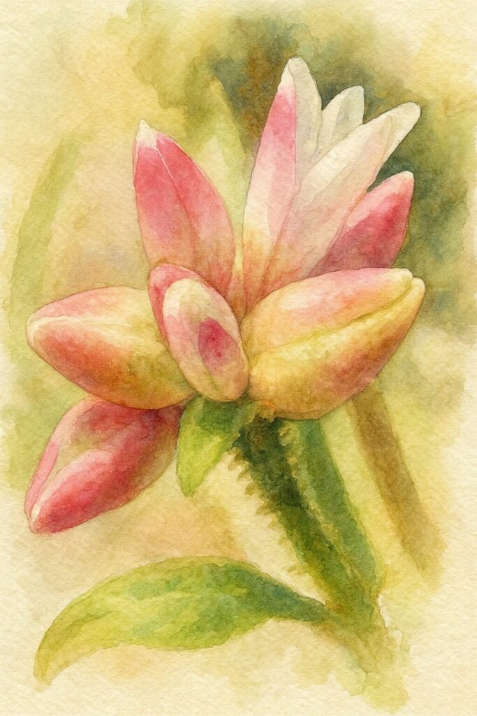 ミゾソバの花芽を描いた水彩画風イラスト。白と淡紅色の細長い花芽が重なり合う構図を、柔らかなにじみと透明感のある色彩で表現したボタニカルアート。