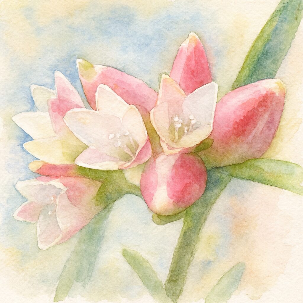 ミゾソバの花とつぼみを描いた水彩画風イラスト。白と淡紅色の花が開く様子と丸みのあるつぼみを、透明感のある色彩と柔らかなにじみで表現したボタニカルアート。