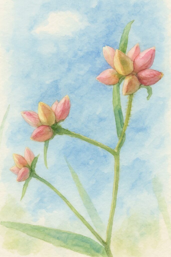 青空と雲を背景に描いたミゾソバのつぼみの水彩画風イラスト。紅色と淡黄色の花芽が細い緑の茎に連なり、柔らかなにじみと透明感のある色彩で秋の野草の風情を表現している。