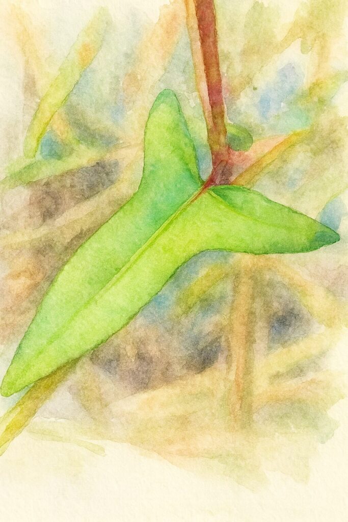 ミゾソバの葉を描いた水彩画風イラスト。矢じり形の緑の葉と赤褐色の茎を、柔らかなにじみと透明感のある色彩で表現したボタニカルアート。