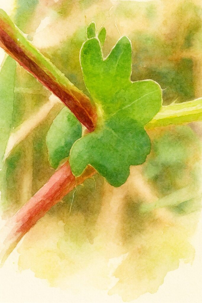 ミゾソバの托葉鞘を描いた水彩画風イラスト。赤褐色の茎と節を包む緑の托葉を、柔らかなにじみと透明感のある色彩で表現したボタニカルアート。