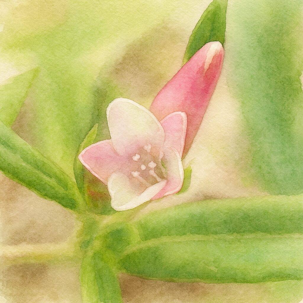 ミゾソバの開花した花とつぼみを描いた水彩画風イラスト。白と淡紅色の花弁が開く様子と細い緑の茎を、透明感のあるにじみ表現で繊細に描いたボタニカルアート。