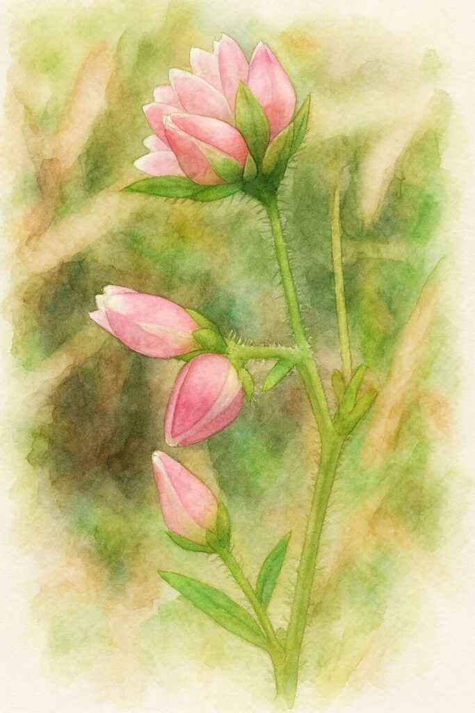 ミゾソバのつぼみと花序を描いた水彩画風イラスト。白と淡紅色の花芽が縦に連なる姿を、柔らかなにじみと透明感のある色彩で表現した繊細なボタニカルアート。