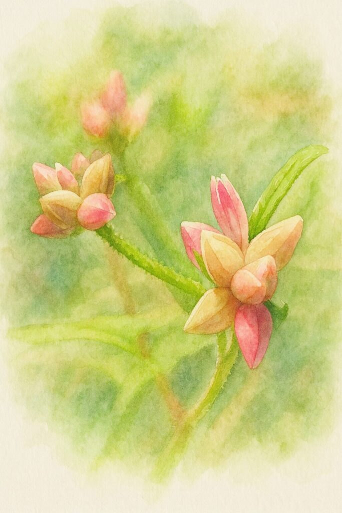 ミゾソバの花芽を描いた水彩画風イラスト。白・淡黄色・紅色が混ざるつぼみの集まりを、柔らかなにじみと透明感のある色彩で表現した繊細なボタニカルアート。