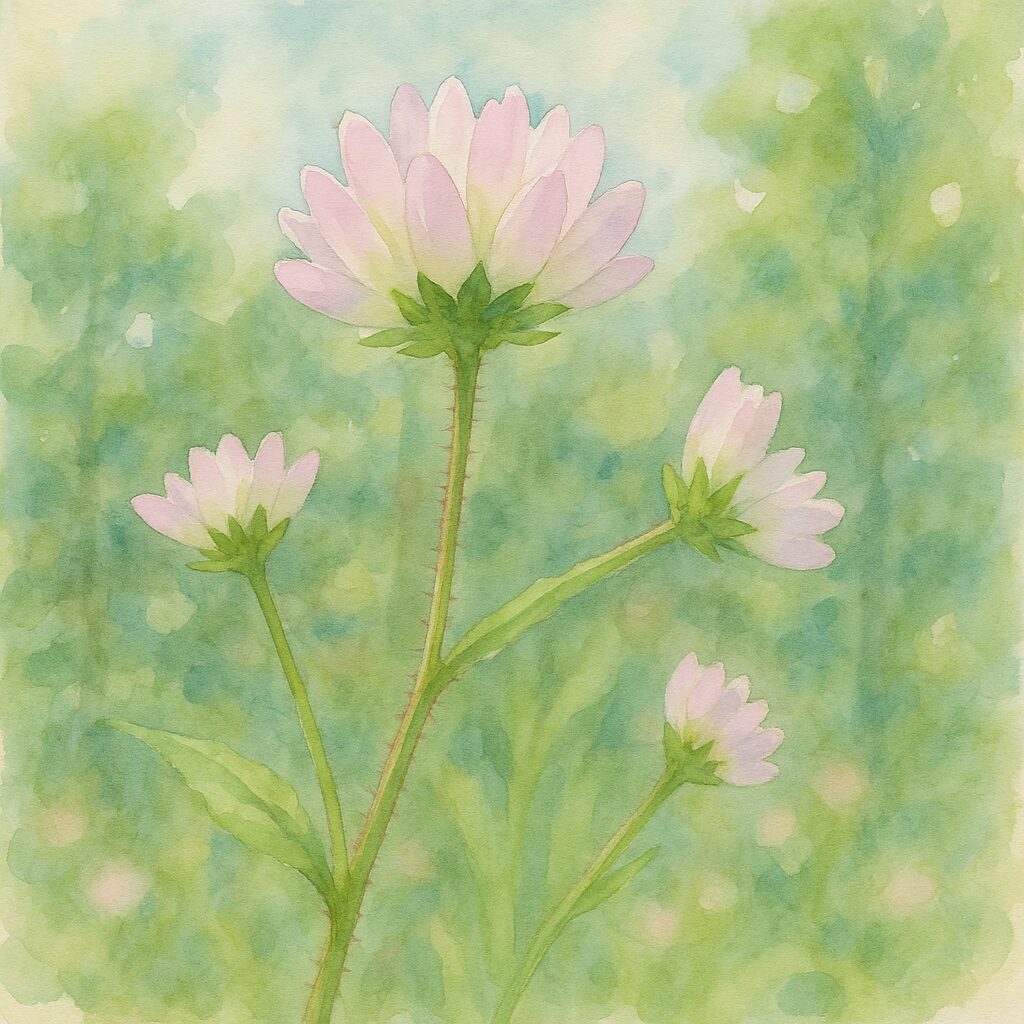 ミゾソバの花を描いた水彩画風イラスト。白と淡紅色の小花が丸く集まって咲く姿を、透明感のある色彩と柔らかなにじみで表現したボタニカルアート。