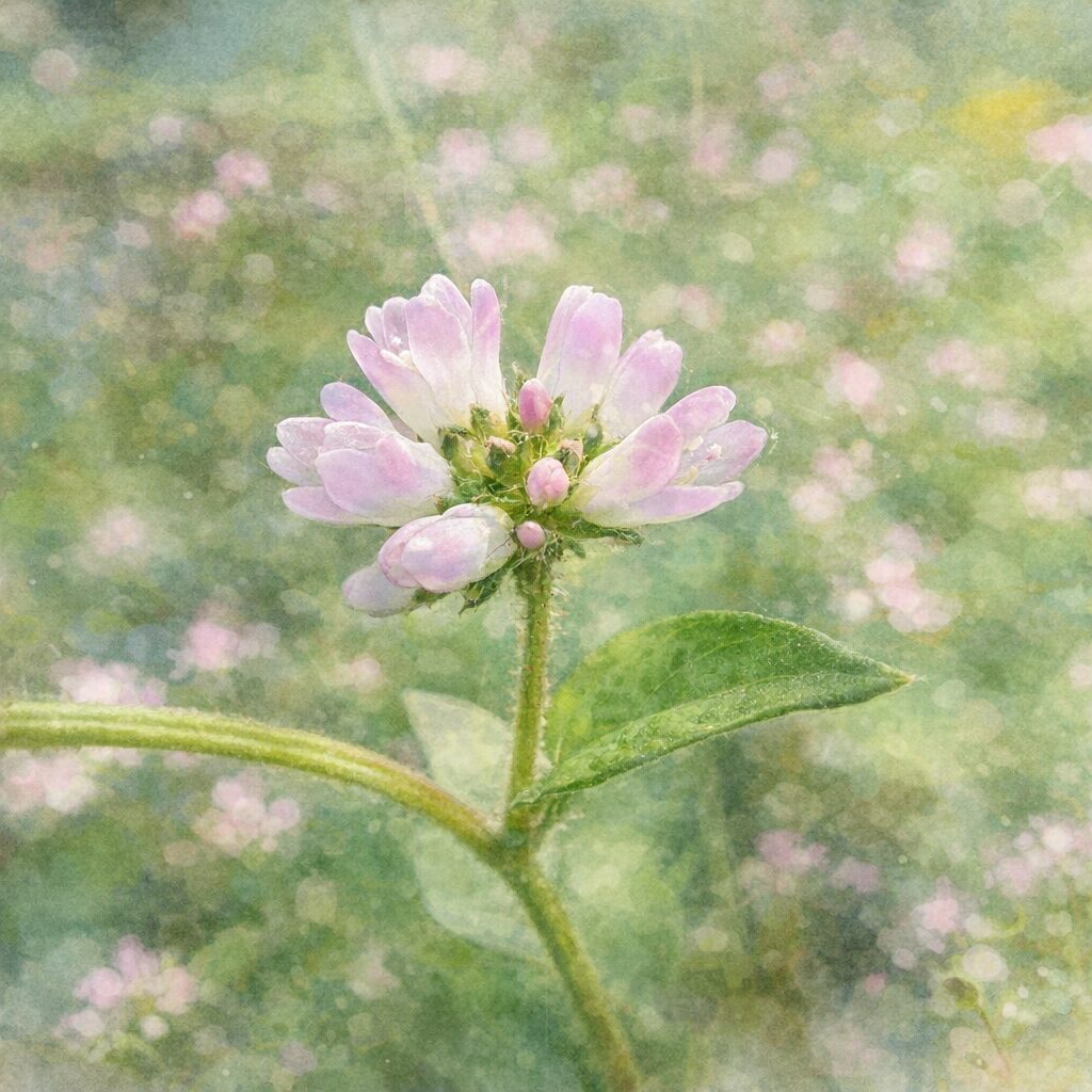 ミゾソバの花を描いた水彩画風イラスト。白と淡紅色の小花が丸く開く花序を主役に、柔らかなにじみと透明感のある色彩で野原の雰囲気を表現したボタニカルアート。