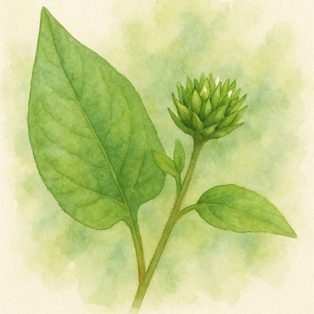 ミゾソバの花を描いた水彩画風イラスト。白と淡紅色の小花が丸く開く花序を主役に、柔らかなにじみと透明感のある色彩で野原の雰囲気を表現したボタニカルアート。