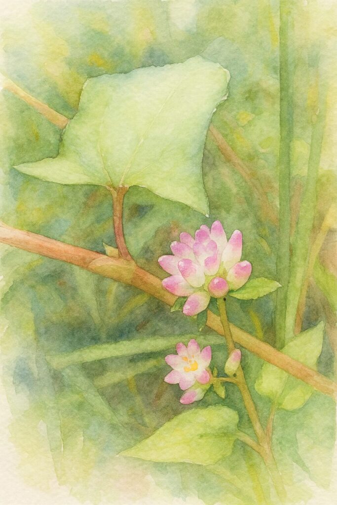 ミゾソバの花と葉を描いた水彩画風イラスト。矢じり形の緑葉と、白地にピンクの先端をもつ小花の花序を、柔らかなにじみと透明感で表現したボタニカルアート。