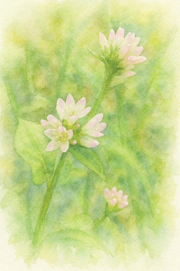 ミゾソバの花を描いた水彩画風イラスト。白地に淡いピンクの先端をもつ小花が丸く集まった花序を三房配置し、透明感のあるにじみと柔らかな緑背景で表現したボタニカルアート。