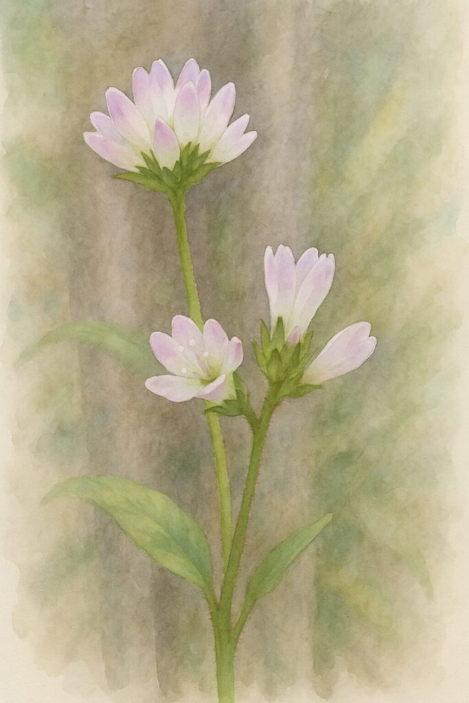 ミゾソバ（溝蕎麦）の花をプロレベルの水彩画風で描いたボタニカルイラスト。白と淡いピンクの小花が集まって咲く姿を柔らかな筆致と透明感のある色彩で表現した自然風イラスト。